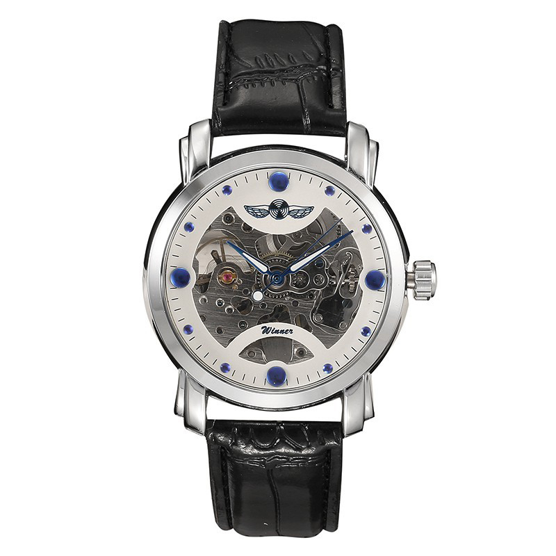Luxusní bílé hodinky WINNER s průhledným strojkem s modrými detaily - automatické