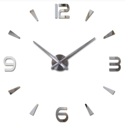 Velké nalepovací 3D nástěnné analogové hodiny - 4 čísla - stříbrné