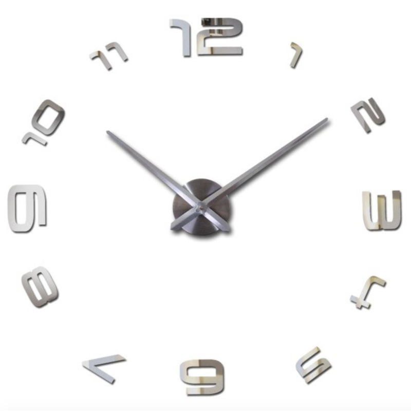 Nalepovací 3D nástěnné analogové hodiny - číslice dokola - stříbrné