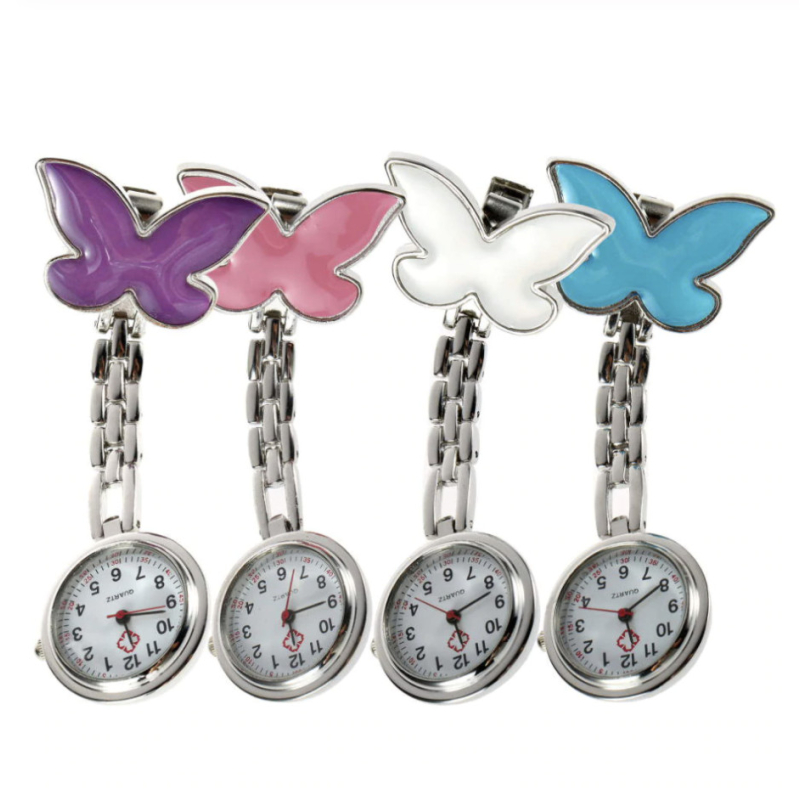 Kovové připínací kapesní hodinky se motýlkem nejen pro zdravotní sestru, Barva Růžová