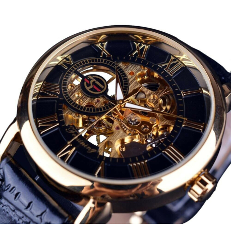 Luxusní hodinky s průhledným ciferníkem s římskými číslicemi a černozlatým pozadím - automatické