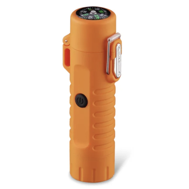 Plazmový nabíjecí voděodolný větruodolný elektrický zapalovač s kompasem a LED světlem v dárkové krabičce - oranžový