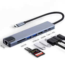 Rozbočovač a adaptér 8 v 1 USB C - 2x USB-C, 4K HDMI, 2x USB, LAN RJ45, micro SD, SD