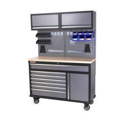 Mobilní pracovní stůl s děrovanou deskou a horními skříňkami - AH1371A