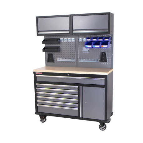 Mobilní pracovní stůl s děrovanou deskou a horními skříňkami - AH1371A