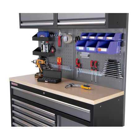 Mobilní pracovní stůl s děrovanou deskou a horními skříňkami - AH1371A