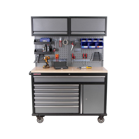 Mobilní pracovní stůl s děrovanou deskou a horními skříňkami - AH1371A