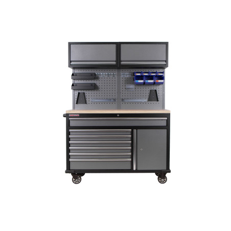 Mobilní pracovní stůl s děrovanou deskou a horními skříňkami - AH1371A