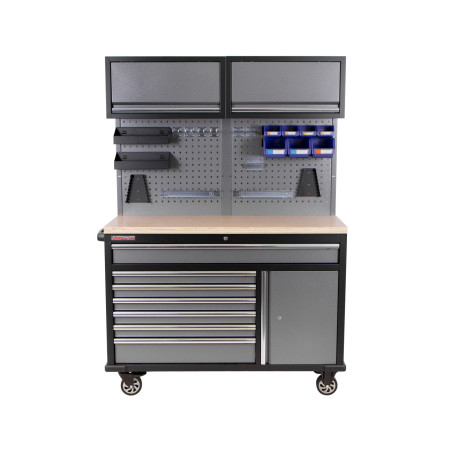 Mobilní pracovní stůl s děrovanou deskou a horními skříňkami - AH1371A