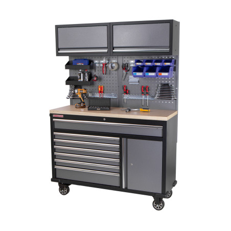 Mobilní pracovní stůl s děrovanou deskou a horními skříňkami - AH1371A