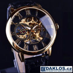 Luxusní hodinky s průhledným ciferníkem s římskými číslicemi a černozlatým pozadím - automatické
