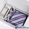 Luxusní set bílé a fialové proužky - Kravata, kapesníček do saka, manžetové knoflíčky, kravatová spona v dárkovém balení
