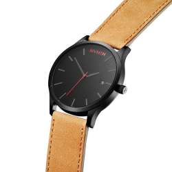 Luxusní pánské hodinky s kalendářem - černé s červenými detaily - hnědý pásek