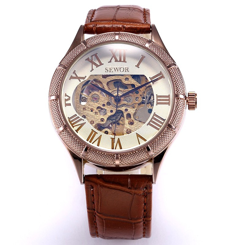 Elegantní automatické hodinky SEWOR s hnědým koženým páskem