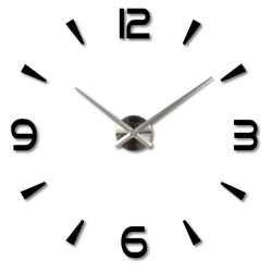 Velké nalepovací 3D nástěnné analogové hodiny - 4 čísla - černé / stříbrné