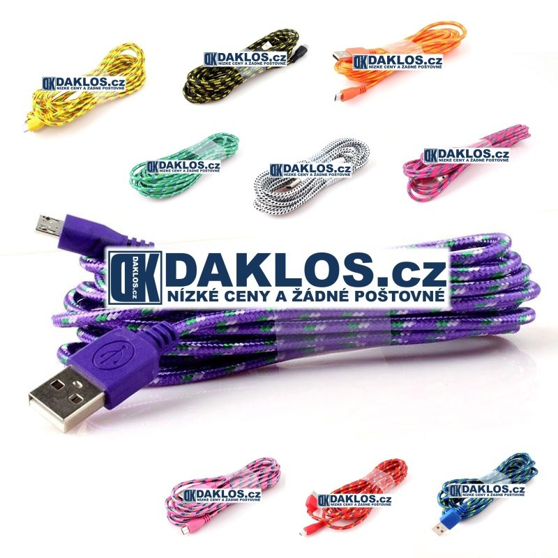 3 m - Datový a nabíjecí kabel z USB do Micro USB - styl pletený provázek, Barva Fialová