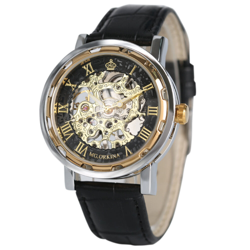 Luxusní hodinky automatické ORKINA s průhledným ciferníkem a římskými číslicemi - černý řemínek