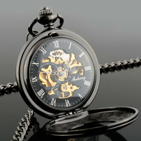 Luxusní kapesní hodinky s průhledným ciferníkem a římskými číslicemi - natahovací