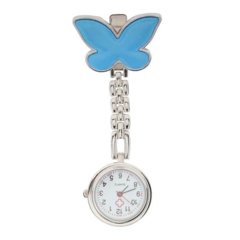 Kovové připínací kapesní hodinky se motýlkem nejen pro zdravotní sestru - Modrá