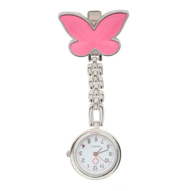 Kovové připínací kapesní hodinky se motýlkem nejen pro zdravotní sestru - Růžová