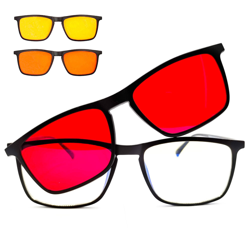 Brýle na počítač 4 v 1 proti 100% modrému a zelenému světlu, čirá, žlutá, oranžová a červená skla + obal a hadřík