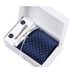 Luxusní set tmavě modrá s puntíky - Kravata, kapesníček do saka, manžetové knoflíčky, kravatová spona v dárkovém balení