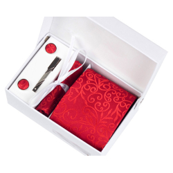 Luxusní set červená se vzorem - Kravata, kapesníček do saka, manžetové knoflíčky, kravatová spona v dárkovém balení