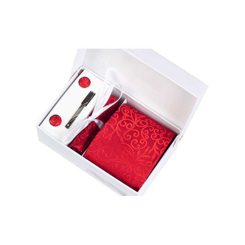 Luxusní set červená se vzorem - Kravata, kapesníček do saka, manžetové knoflíčky, kravatová spona v dárkovém balení