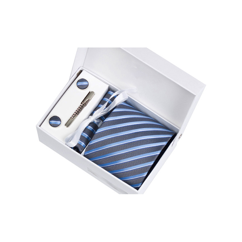 Luxusní set modro stříbrné proužky - Kravata, kapesníček do saka, manžetové knoflíčky, kravatová spona v dárkovém balení