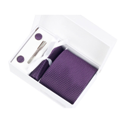 Luxusní set tmavě fialový s puntíky - Kravata, kapesníček do saka, manžetové knoflíčky, kravatová spona v dárkovém balení