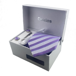 Luxusní set s fialovými a stříbrnými s proužky - Kravata, kapesníček, manžetové knoflíčky, kravatová spona v dárkovém balení