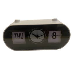 Retro budík MONOGRAPH s kalendárom, hodiny ukazujúce deň v týždni a dátum - biele s čiernym pozadím