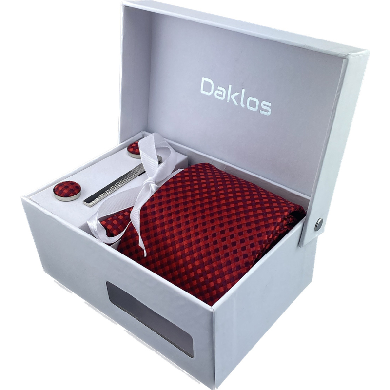 Luxusní set červený kostičkovaný - Kravata, kapesníček do saka, manžetové knoflíčky, kravatová spona v dárkovém balení