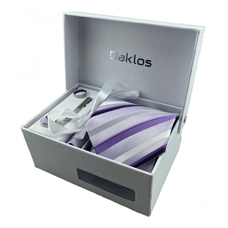 Luxusní set fialový s pruhy - Kravata, kapesníček do saka, manžetové knoflíčky, kravatová spona v dárkovém balení