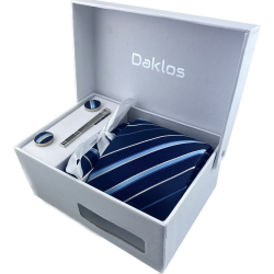 Luxusní set modré proužky - Kravata, kapesníček do saka, manžetové knoflíčky, kravatová spona v dárkovém balení