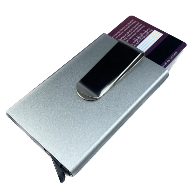 Bezpečnostní RFID kovové pouzdro a peněženka na karty a doklady až pro 8 karet se sponou na peníze - Stříbrná