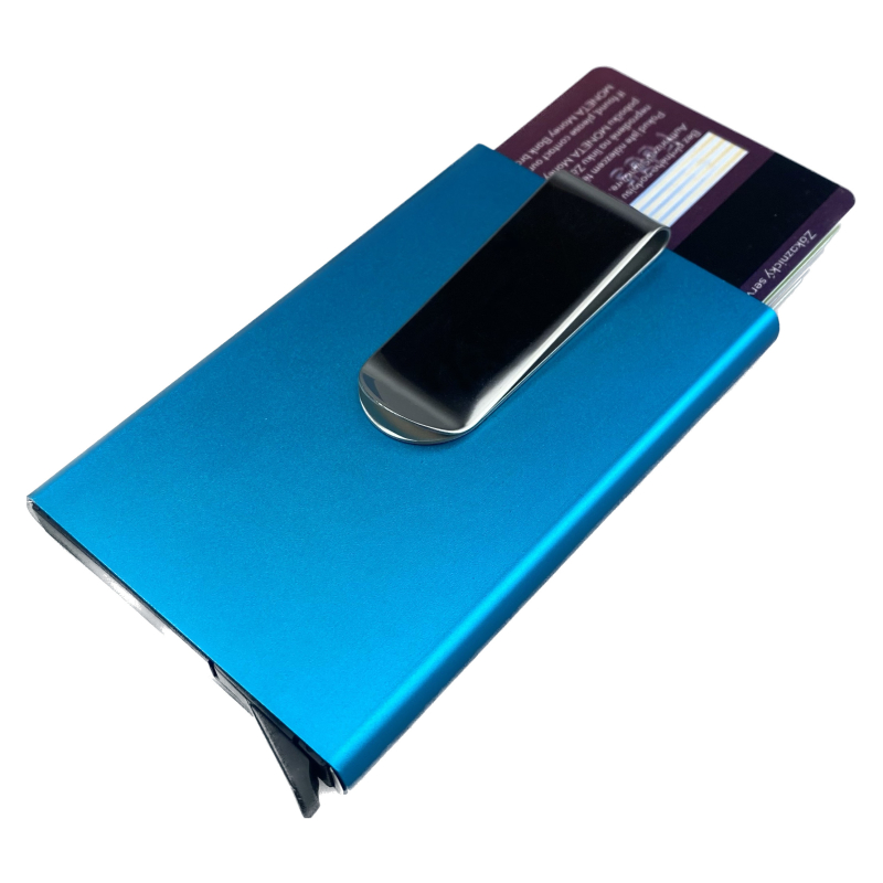 Bezpečnostní RFID kovové pouzdro a peněženka na karty a doklady až pro 8 karet se sponou na peníze - Modrá
